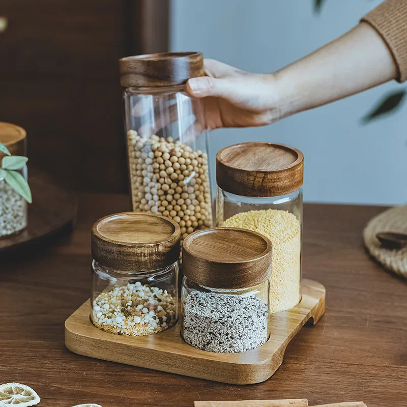 Food Storage Jar Set - Wood Lid Orgnizer Glass Airtight Canister