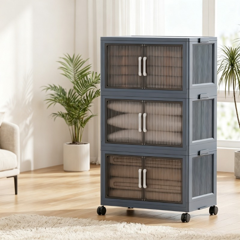 Stackable Pantry Bin - 3‑Tier Foldable Plastic Storage Cabinet with